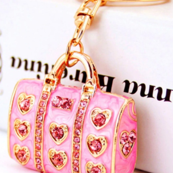 Enamel Pink Crystal Heart Handbag Charm, Key Chain - Picture 3 of 5